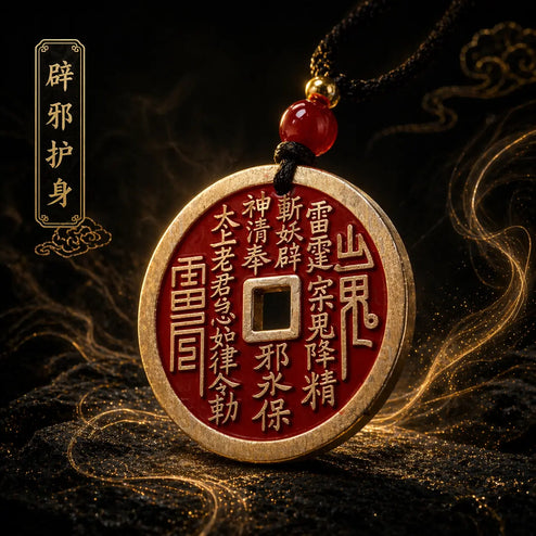 Authentic Taoist Copper Coin Pendant 30mm - Feng Shui Protection Amulet Necklace