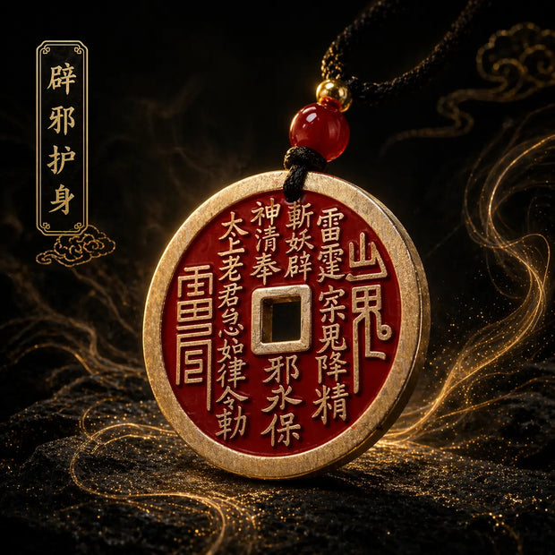 Authentic Taoist Copper Coin Pendant 30mm - Feng Shui Protection Amulet Necklace