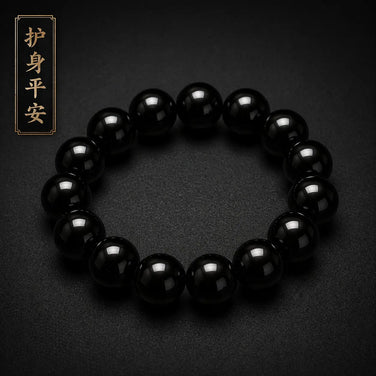 Feng Shui Black Obsidian Beaded Bracelet (14mm) - Protection, Safe Travel & Good Fortune Blessing Gift
